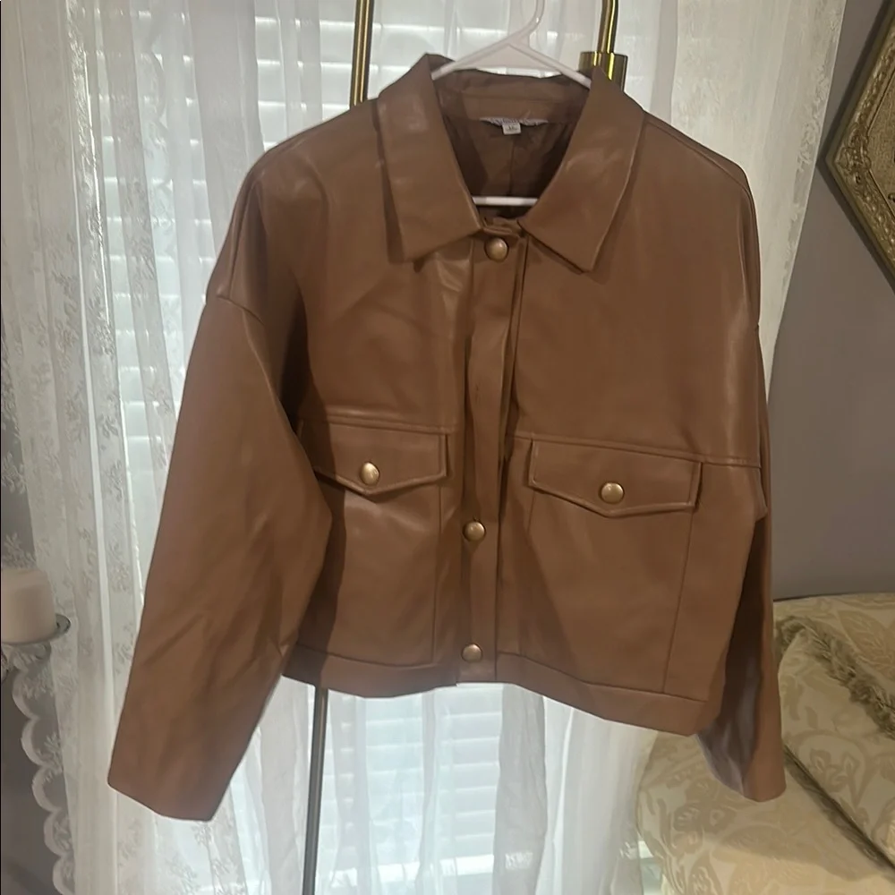 Cognac Brown Faux Leather Jacket with Classic Collar - Picture 1 of 4